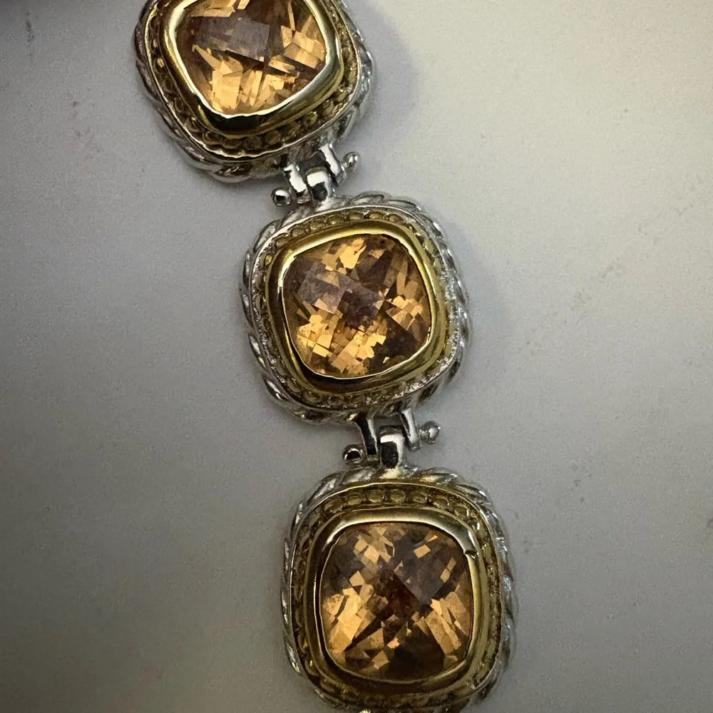 VTG Sterling Silver 925 2 Toned CZ Citrine Chunky Tennis Bracelet 7" Stunning - Picture 4 of 12